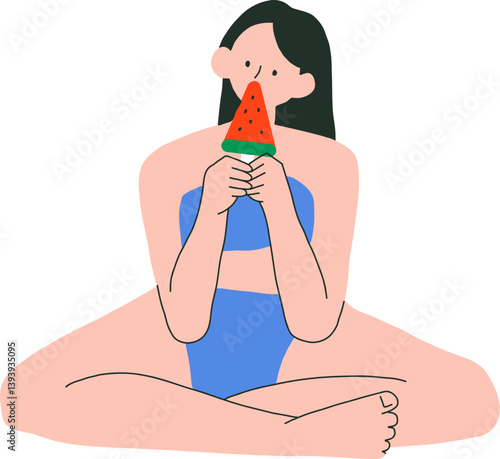 Woman Sitting Relaxed while Eating a slice of Watermelon