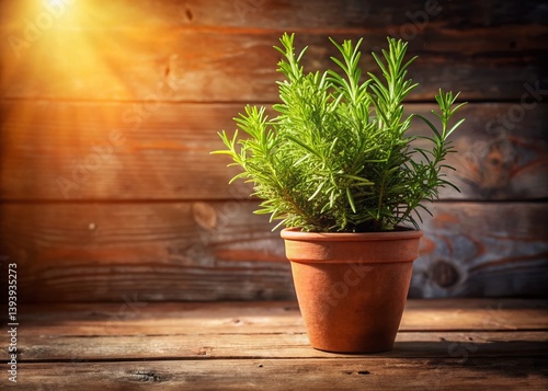 SunKissed Rosemary in Rustic Brown Pot Aromatic Herb Garden Delight on a Wooden Surface