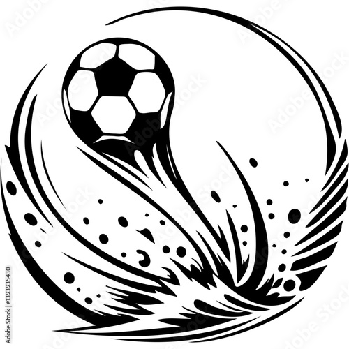 Sport emblem of soccer ball bounces off the sports field in monochrome. Engraving minimalistic vector in black ink drawing on transparent background