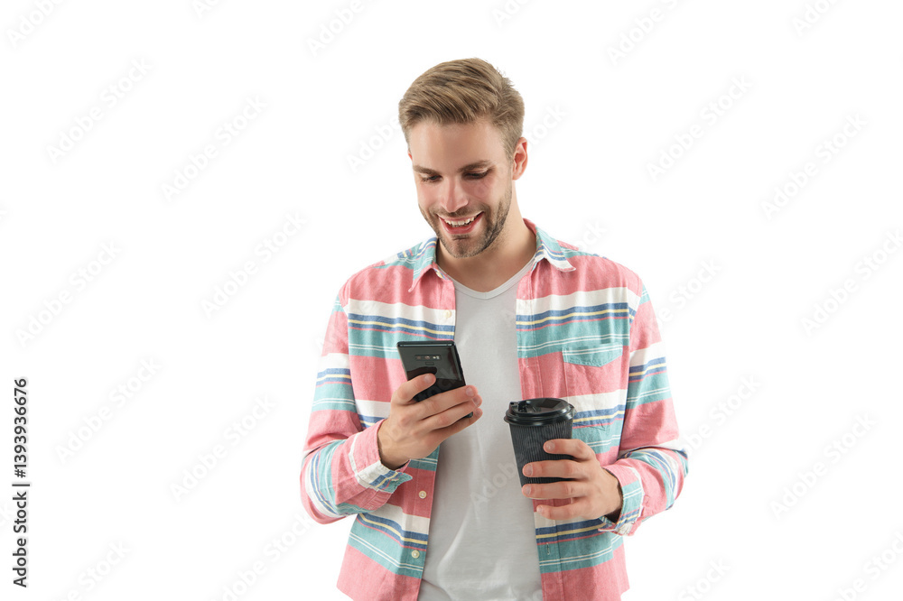 Chatting online. Man texting on smartphone. Phone chat. Mobile communication. Communication at coffee break. Man texting on smartphone isolated on white. Millennial man using phone for messaging Chatting online. Man texting on smartphone. Phone chat. Mobile communication. Communication at coffee break. Man texting on smartphone isolated on white. Millennial man using phone for messaging