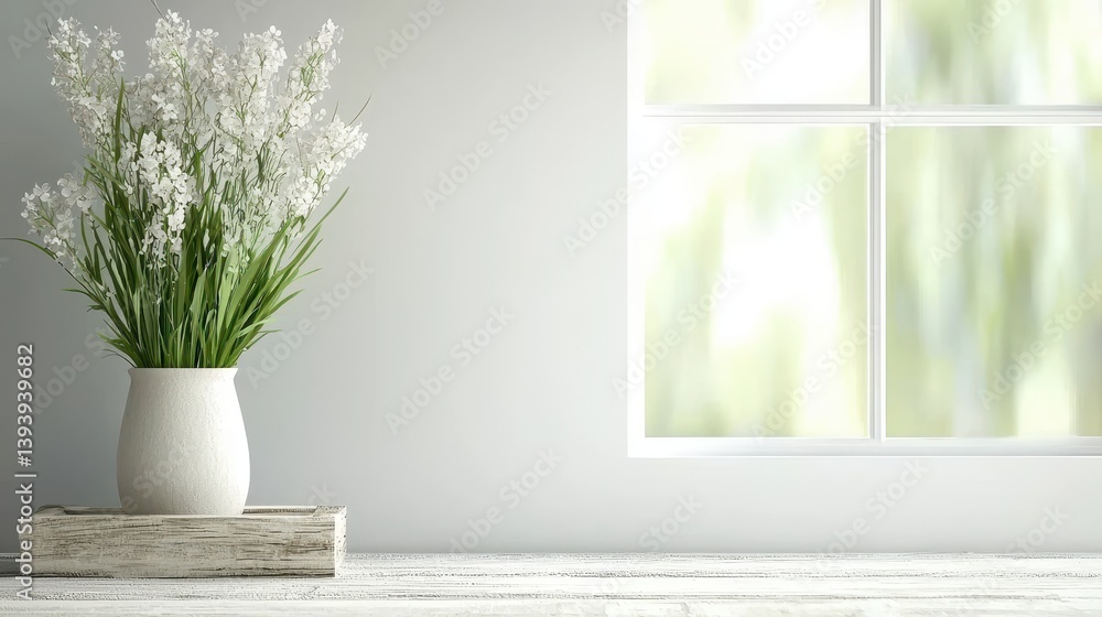 Fototapeta premium Elegant White Spring Flowers in Simple Vase by Bright Window