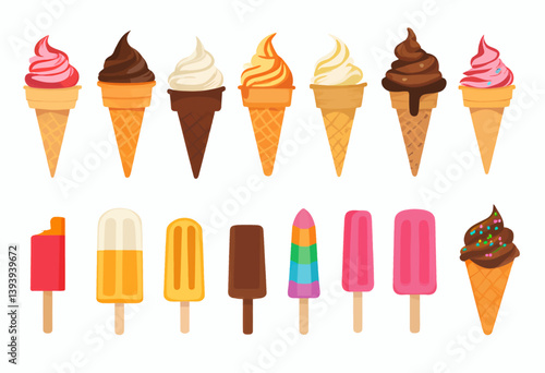 Assorted Ice Cream Cones and Popsicles on White
