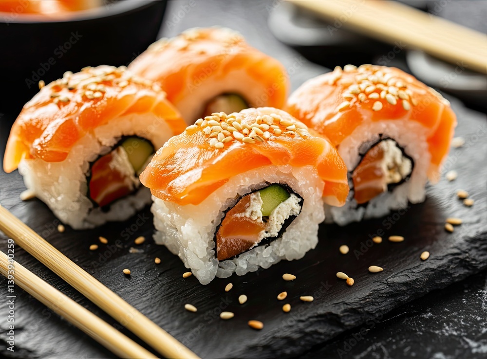 Salmon Sushi Rolls with Sesame Seeds Served on a Slate Plate Salmon Sushi Rolls with Sesame Seeds Served on a Slate Plate