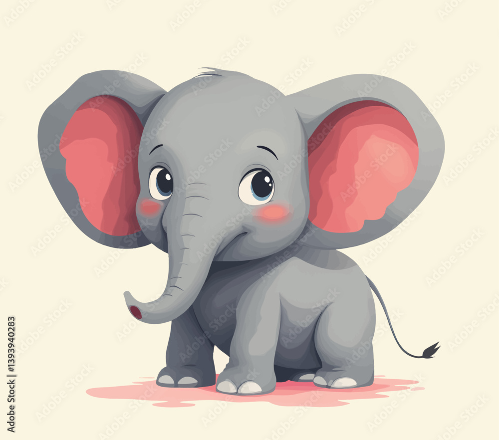 Naklejka premium Cartoon Baby Elephant with Big Eyes and Pink Ears
