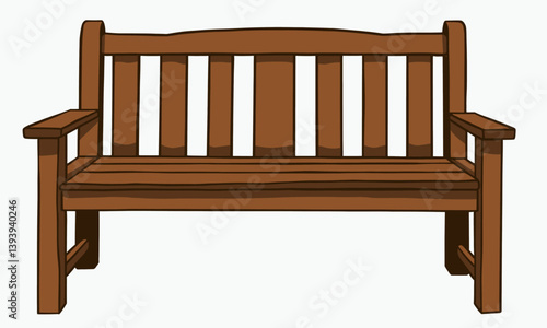 Brown Wooden Park Bench with Armrests Cartoon