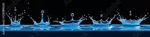 Blue water droplets collision sequence on black