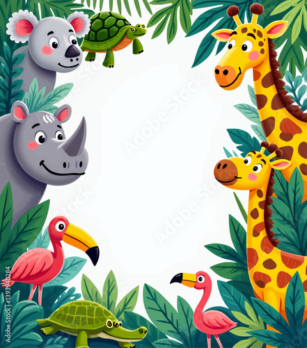 Cartoon Animals Frame With Tropical Leaves and White Space