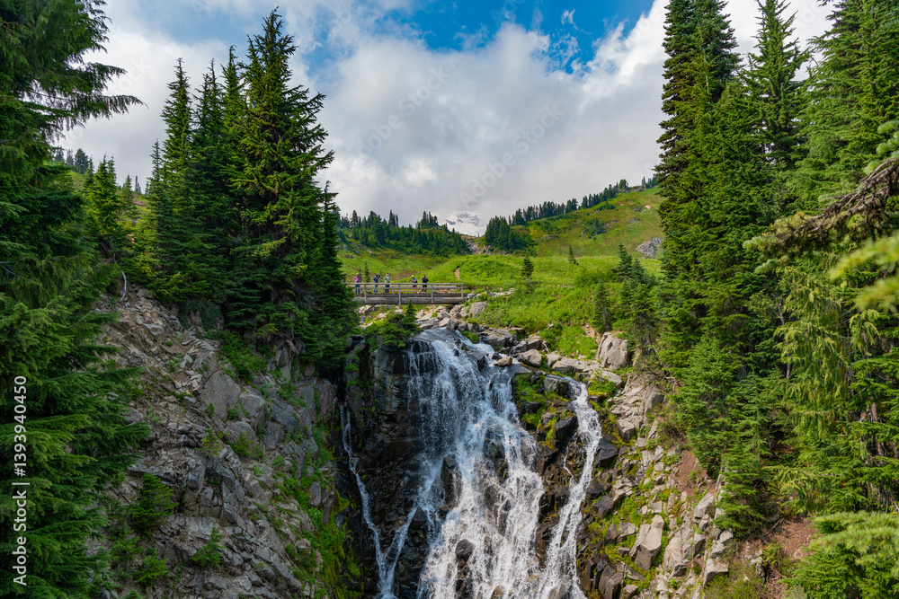 Myrtle falls waterfall route. Mount Rainier national park mountain nature landscape. Waterfall landscape. Nature wildness travel. Waterfall travel destination Myrtle falls waterfall route. Mount Rainier national park mountain nature landscape. Waterfall landscape. Nature wildness travel. Waterfall travel destination