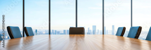 A polished conference table awaits important decisions, overlooking a sprawling cityscape bathed in bright sunlight, promising success and innovation.