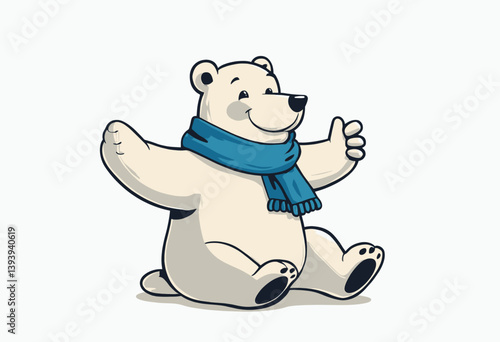 Cartoon Polar Bear with Blue Scarf Smiling Thumbs Up