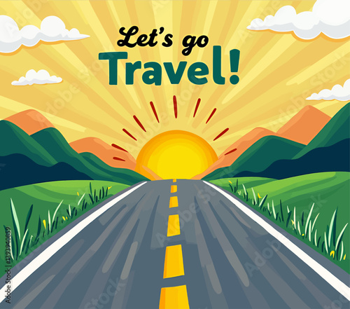 Cartoon road trip landscape with "Let's go Travel!" text
