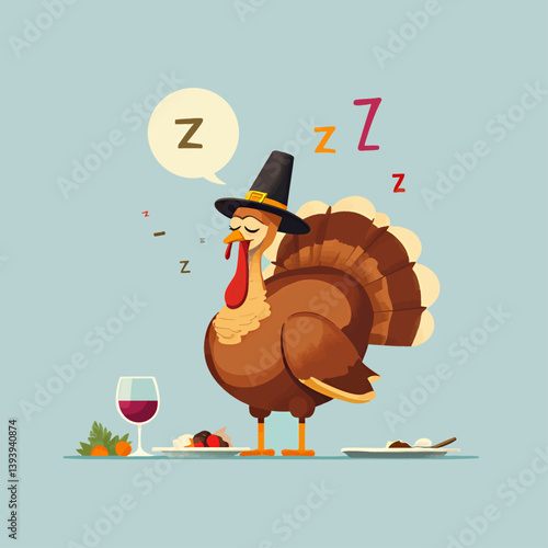 Cartoon Turkey Sleeps After Thanksgiving Feast