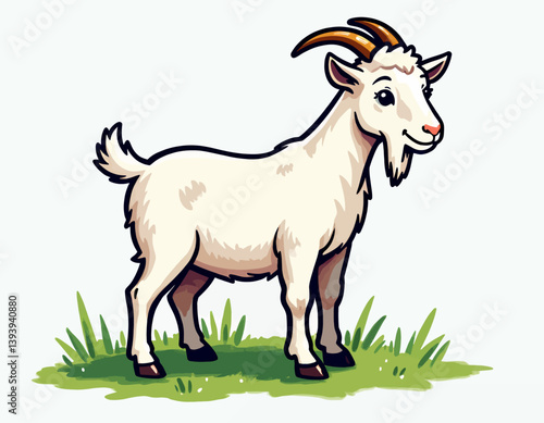Cartoon White Goat with Brown Horns Standing on Grass
