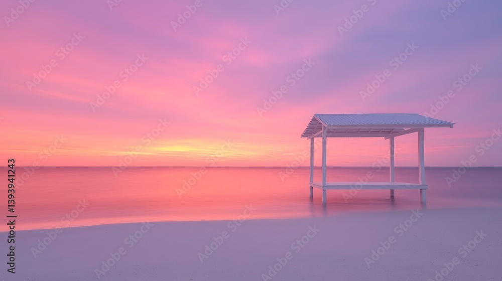 Serene beach sunset with a small white gazebo. Soft pastel colors paint the sky and sea as the sun dips below the horizon, creating a tranquil atmosphere. A simple white gazebo sits on the shoreline Serene beach sunset with a small white gazebo. Soft pastel colors paint the sky and sea as the sun dips below the horizon, creating a tranquil atmosphere. A simple white gazebo sits on the shoreline