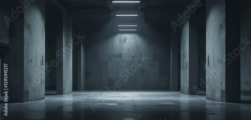 Dark Concrete Hallway with Wet Floor and Fluorescent Lights