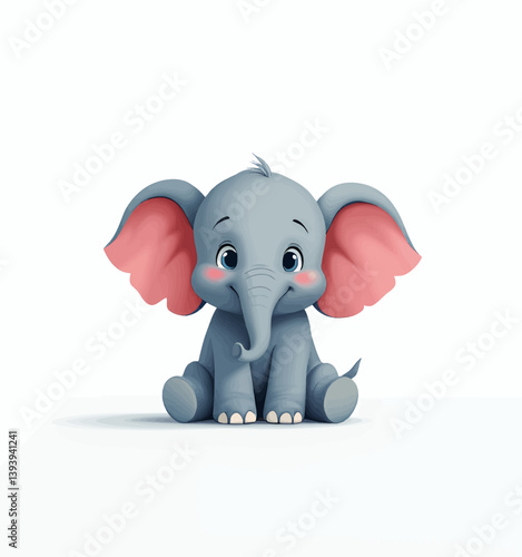 Cute cartoon gray elephant with pink ears sitting down