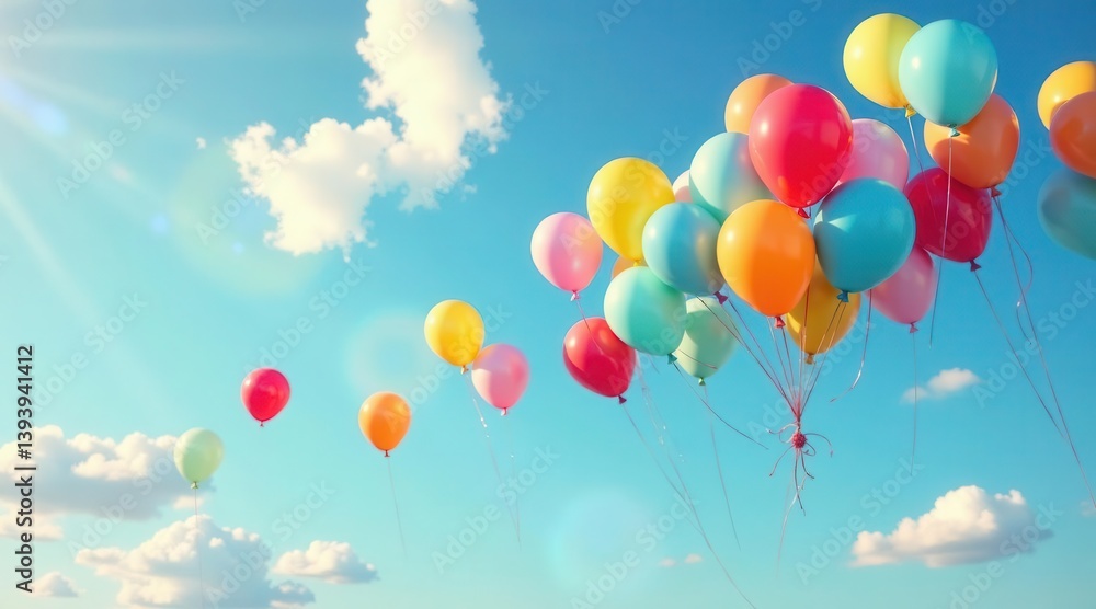 A cluster of colorful balloons ascends against a vibrant blue sky, a joyful scene of buoyant celebration and carefree spirit, representing dreams taking flight on a sunny day. A cluster of colorful balloons ascends against a vibrant blue sky, a joyful scene of buoyant celebration and carefree spirit, representing dreams taking flight on a sunny day.