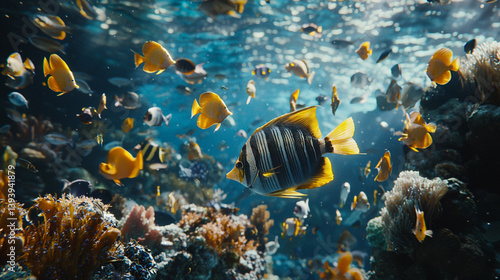 Fototapeta Naklejka Na Ścianę i Meble -  Vibrant coral reef fish swimming underwater, ocean background, nature scene, aquarium display, marine life