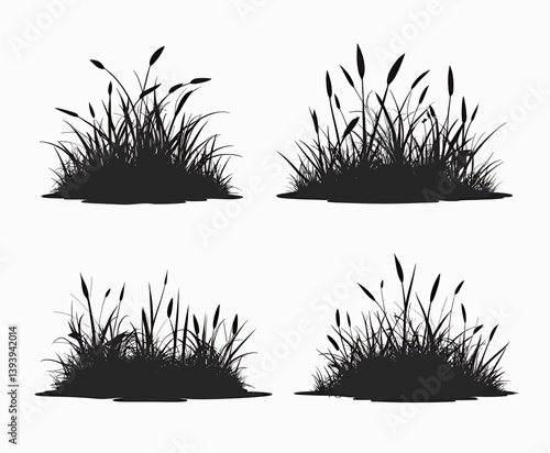 Four Black Cattail Grass Silhouette Patches