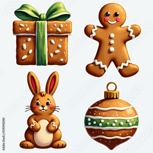 Gingerbread Gift, Man, Bunny, and Ornament Illustrations