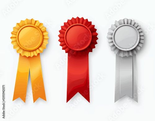 Gold, red, silver award rosette ribbons on white