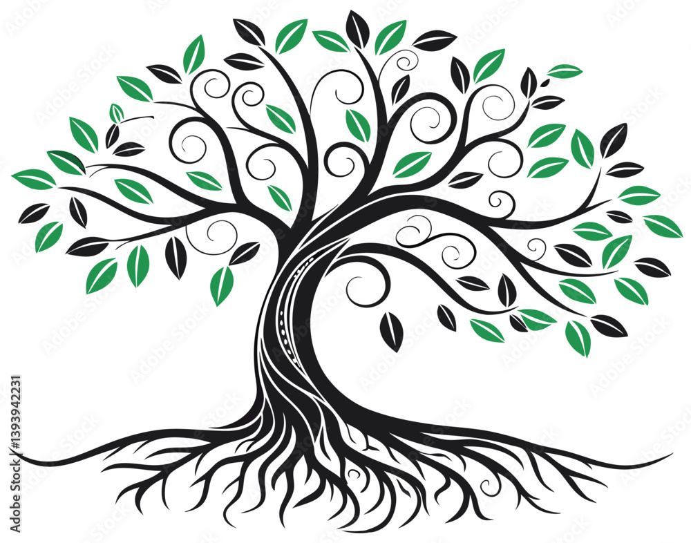 Obraz premium Elegant Tree of Life Design – Nature-Inspired Art, Whimsical Roots and Leaves Illustration, Perfect for Tattoos, Logos, and Decor