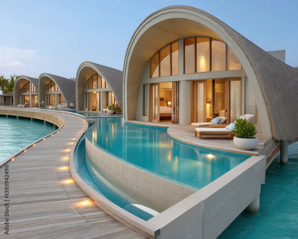 Fototapeta premium A luxurious overwater villa resort featuring modern architecture, serene waters, and private terraces, ideal for relaxation and escape.