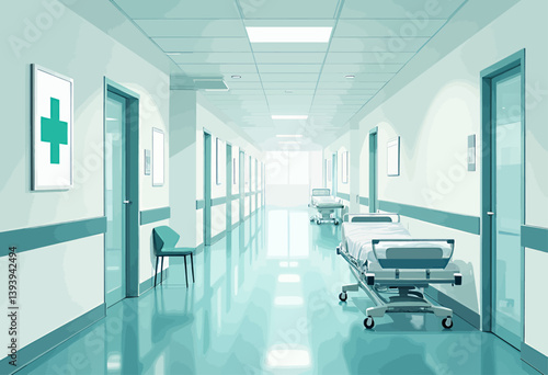 Hospital hallway with gurneys and green cross sign