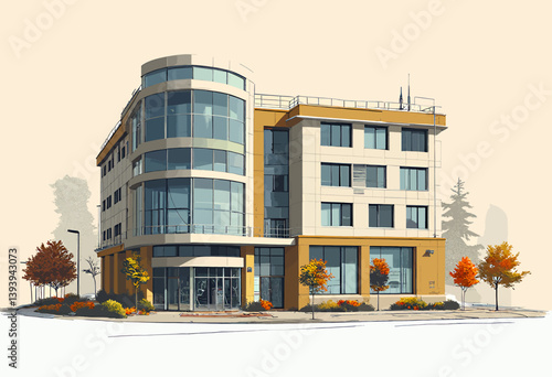 Modern Office Building with Curved Glass Facade