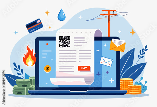 Online Bill Payment with QR Code on Laptop Screen