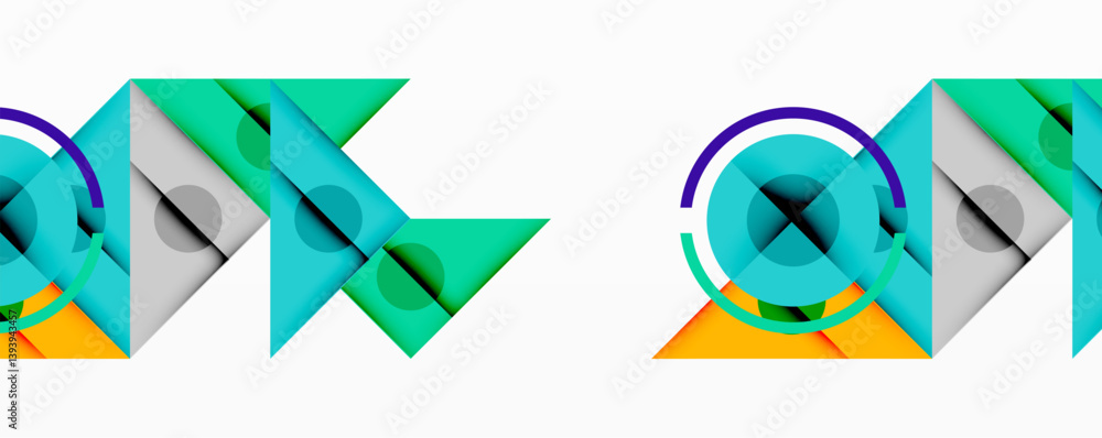 Abstract geometric design features overlapping shapes, circles, triangles, lines. Teal, orange, gray hues create modern visual pattern. Minimalist style. Abstract geometric design features overlapping shapes, circles, triangles, lines. Teal, orange, gray hues create modern visual pattern. Minimalist style.
