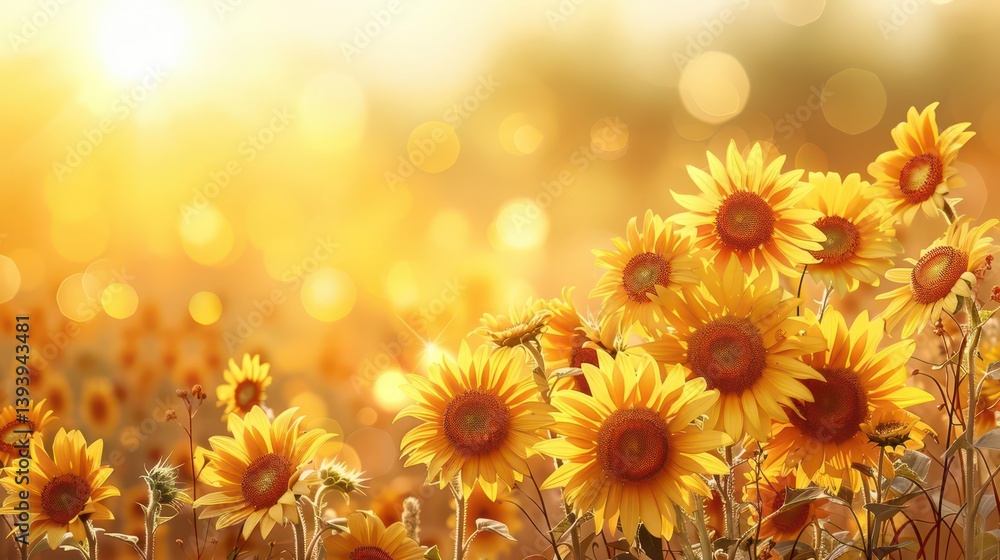 Fototapeta premium A vibrant field of sunflowers glowing in golden sunlight, creating a warm and cheerful atmosphere.