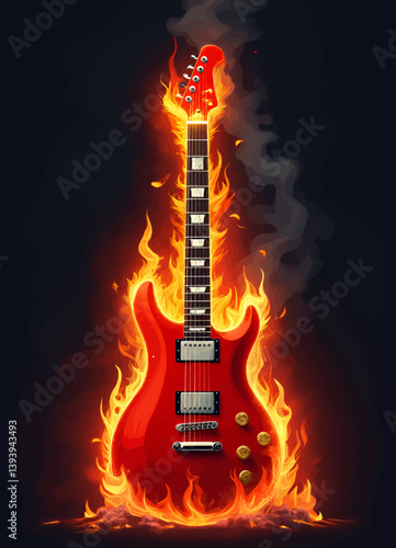 Red Electric Guitar Ablaze with Fiery Flames