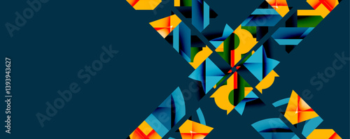 Abstract geometric pattern dominates right side. Vivid colorsyellow, blue, orangecreate dynamic visual texture against dark teal background. Modern design element.