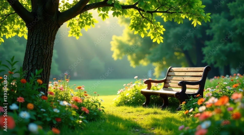 Naklejka premium Serene park bench nestled amongst vibrant blooming flowers under the shade of a majestic tree bathed in the golden light of dawn