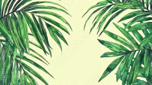 Tropical Green Leaves Frame on Soft Yellow Background for Designs