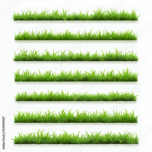 Seven green grass borders on white background