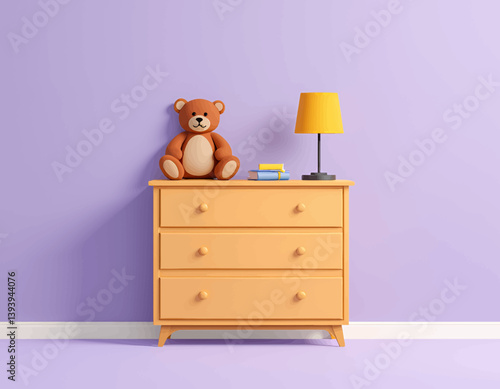 Teddy Bear on Dresser with Lamp in Lavender Room