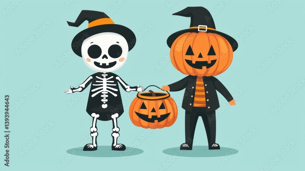 Two cartoon characters, a skeleton and a pumpkin-headed figure, celebrate Halloween with a festive vibe, wearing costumes and holding a trick-or-treat bucket. Two cartoon characters, a skeleton and a pumpkin-headed figure, celebrate Halloween with a festive vibe, wearing costumes and holding a trick-or-treat bucket.