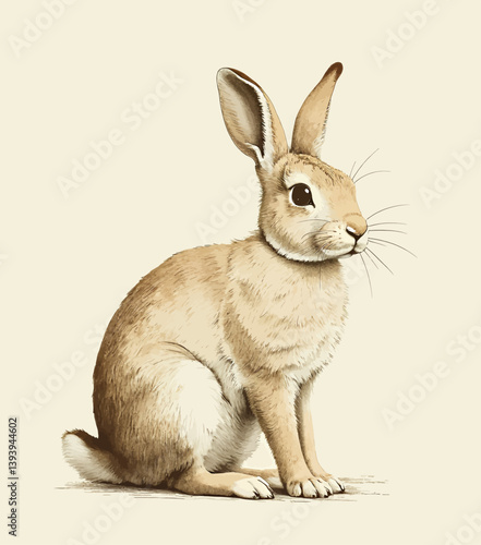Vintage Illustration of a Tan Hare Sitting Upright