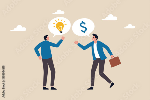 Venture capital, project pitching for funding or VC investment, selling idea for money or angel investment for startup project concept, young entrepreneur pitching idea to raise venture capital fund.
