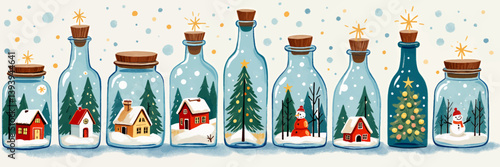 Whimsical Winter Scenes in Blue Glass Bottles