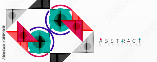 Geometric shapes overlap, creating vibrant abstract composition. Squares, triangles, circles combine with bold colorsteal, pink, black, redover white background. Modern design element.