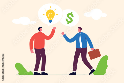 Venture capital, project pitching for funding or VC investment, selling idea for money or angel investment for startup project concept, young entrepreneur pitching idea to raise venture capital fund.