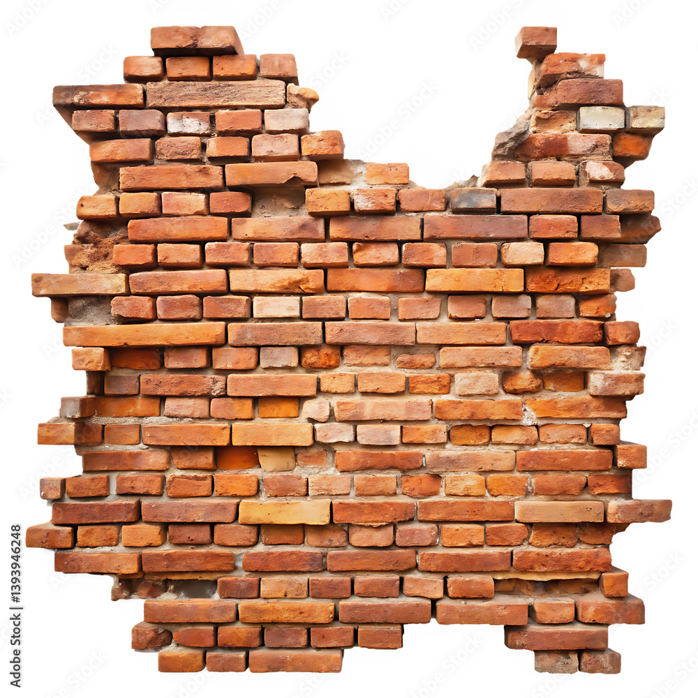 Fototapeta premium Old Red Brick Wall with Large Damaged Hole Isolated on White Background