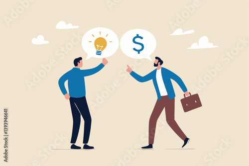 Venture capital, project pitching for funding or VC investment, selling idea for money or angel investment for startup project concept, young entrepreneur pitching idea to raise venture capital fund.