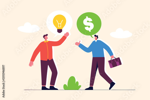 Venture capital, project pitching for funding or VC investment, selling idea for money or angel investment for startup project concept, young entrepreneur pitching idea to raise venture capital fund.