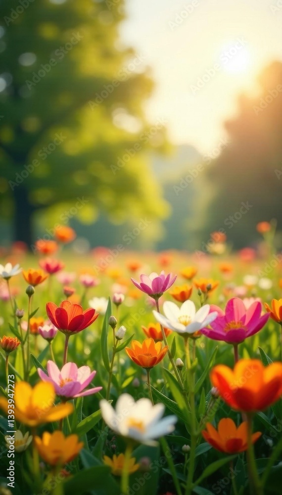 Fototapeta premium Sunlit meadow, myriad colorful blooms, fresh spring growth , colorful petals, floral