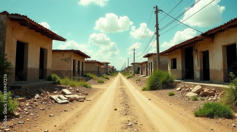 A Deserted Dirt Road Winds Through a Row of Abandoned Buildings Under a Sunny Sky A Deserted Dirt Road Winds Through a Row of Abandoned Buildings Under a Sunny Sky