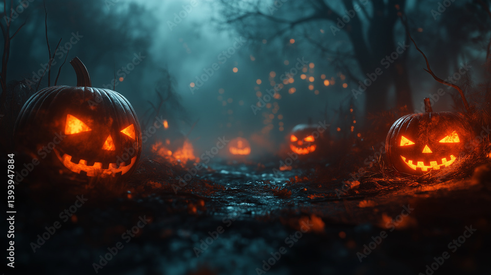 Fototapeta premium Dark and mysterious Halloween backdrop with 3D render, featuring copy space at the top center.